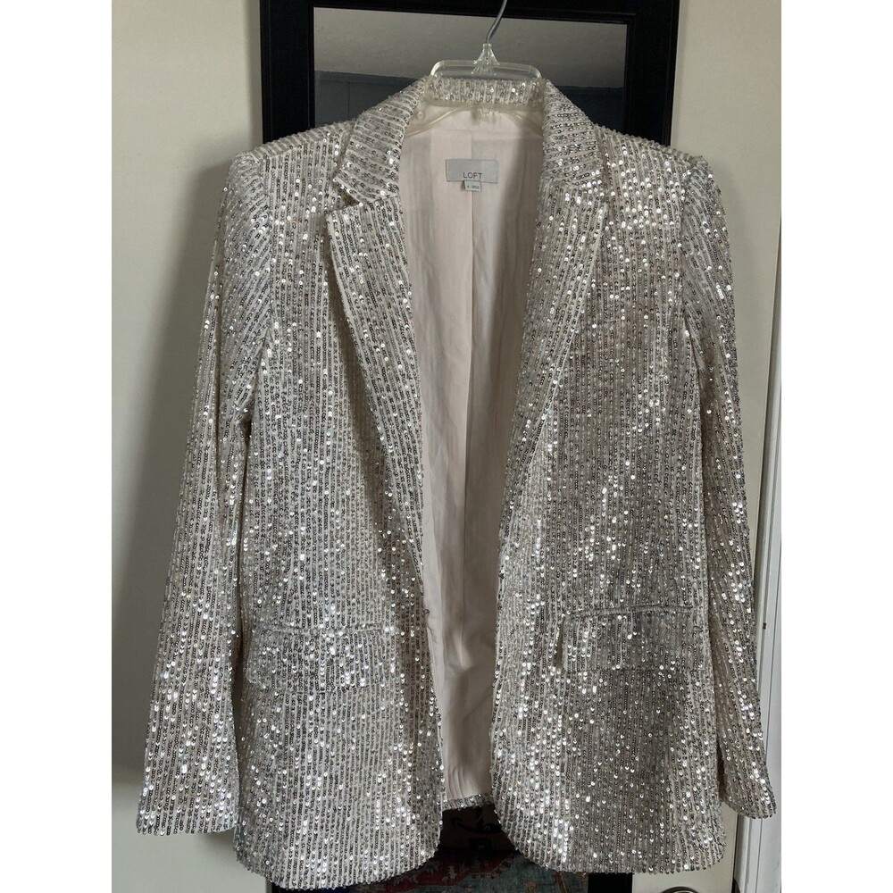 Loft Women’s Size 6 Sequin Jacket Ivory Front Pockets Formal Good Condition